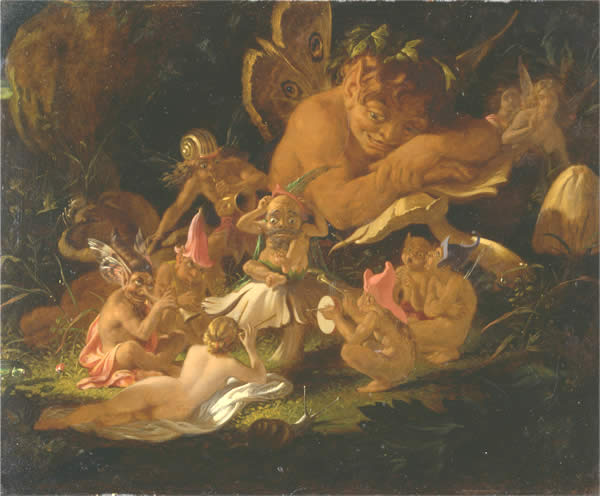 a group of fairies relaxing in a forest glade