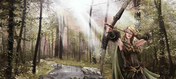 a female elf dressed in leather armor draws a bow