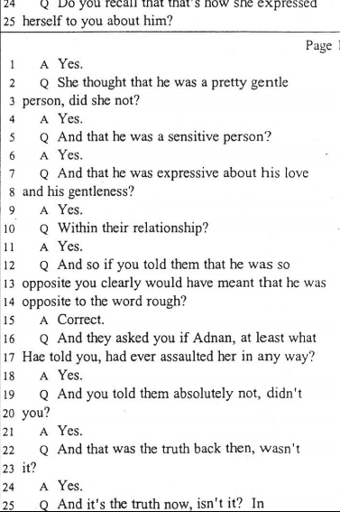 Trial testimony about how Hae felt about Adnan 