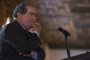 U.S. Supreme Court Justice Antonin Scalia listens to a question after speaking at an event sponsored by the Federalist Society in New York