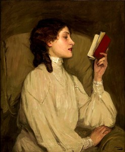 Miss Auras, by John Lavery, depicts a woman reading a book. Public Domain.